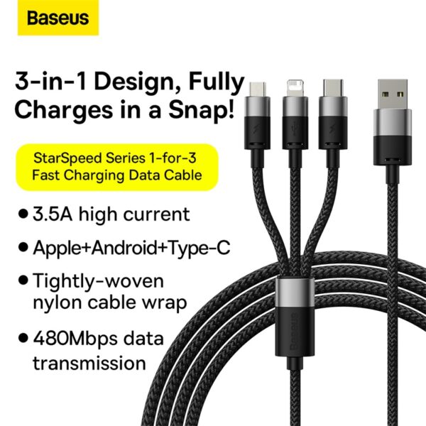 Baseus StarSpeed 1.2 Meter USB to M+L+C 3.5A  Cable – 6M - Image 2