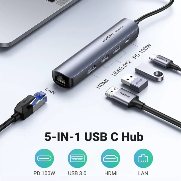 UGREEN-5-in-1-USB-C-To-2USB-3.0-A+HDMI+RJ45+PD-Converter-HUB-01